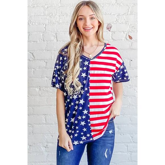 And The Why American Flag Theme Short Sleeves V-Neck Relaxed Fit Top | Red/Navy - Picture 7 of 8